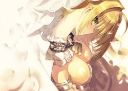Rule 34 | 10s, 1girl, ahoge, bare shoulders, blonde hair, bodysuit, breasts, bridal veil, buckle, chain, cleavage, closed mouth, detached collar, detached sleeves, downblouse, dress, fate/extra, fate/extra ccc, fate/grand order, fate (series), from side, green eyes, hair between eyes, hair intakes, head tilt, kawanakajima, large breasts, leotard, light smile, lock, looking at viewer, neck, nero claudius (bride) (fate), nero claudius (fate), nero claudius (fate) (all), padlock, profile, short hair with long locks, sideboob, smile, smirk, solo, strapless, strapless leotard, upper body, veil, white leotard