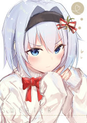 Rule 34 | 10s, 1girl, black hairband, blue eyes, blush, bow, brown sweater, closed mouth, commentary request, gyozanuko, hair between eyes, hair bow, hair intakes, hairband, hands up, heart, highres, long sleeves, looking at viewer, red bow, ryuuou no oshigoto!, silver hair, simple background, sketch, sleeves past wrists, solo, sora ginko, striped, striped bow, sweater, upper body, white background