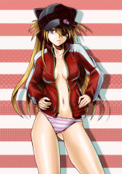 Rule 34 | 1girl, artist request, bare legs, black headwear, blue eyes, brown hair, evangelion: 3.0+1.0 thrice upon a time, expressionless, eyepatch, from above, hair ornament, hair over one eye, hat, highres, jacket, long hair, long sleeves, looking at viewer, navel, neon genesis evangelion, open clothes, open jacket, panties, pink panties, rebuild of evangelion, red jacket, shiny skin, souryuu asuka langley, standing, striped clothes, striped panties, thigh gap, two side up, underwear, wide hips