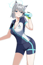 Rule 34 | 1girl, absurdres, animal ear fluff, animal ears, bee doushi, bike jersey, bike shorts, blue archive, bottle, breasts, cleavage, cloud, commentary request, cup, grey hair, halo, highres, holding, holding cup, looking at viewer, medium breasts, official alternate costume, outdoors, shiroko (blue archive), shiroko (cycling) (blue archive), short hair, simple background, solo, water bottle, white background