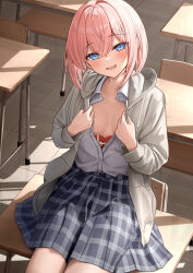 Rule 34 | 1girl, black skirt, blue eyes, blush, breasts, classroom, collarbone, collared shirt, crossed bangs, desk, grey jacket, hair ornament, hairclip, highres, indoors, jacket, long sleeves, monaka curl, on desk, open clothes, open jacket, original, parted lips, pink hair, plaid, plaid skirt, shirt, shirt tucked in, short hair, sitting, on desk, skirt, small breasts, smile, solo, white shirt