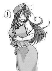 Rule 34 | !, 1girl, blush, braid, breasts, china dress, chinese clothes, collar, collared shirt, commentary, commentary request, dress, from side, greyscale, hong meiling, koyubi (littlefinger1988), large breasts, long hair, looking back, monochrome, monochrome, muscular, muscular female, scar, shirt, shoes, sleeves rolled up, spoken exclamation mark, standing, surprised, tangzhuang, touhou, twin braids, white background, white shirt
