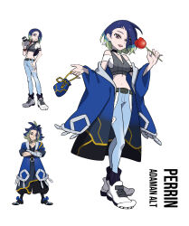 Rule 34 | 1boy, 1girl, absurdres, adaman (pokemon), adapted costume, alternate costume, bare shoulders, black choker, blue coat, blue hair, bob cut, breasts, brown eyes, camera, choker, coat, collar, collarbone, creatures (company), crop top, earrings, eyebrow cut, game freak, green hair, highres, jewelry, loose hair strand, medium breasts, midriff, multicolored hair, nintendo, off-shoulder shirt, off shoulder, official style, perrin (pokemon), pokemon, pokemon legends: arceus, pokemon sv, related, rhymewithray, shirt, short hair, smile
