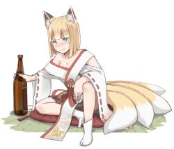 Rule 34 | 1girl, animal ear fluff, animal ears, blonde hair, blue eyes, blush, bottle, breasts, cleavage, closed mouth, commentary request, cushion, fang, fang out, fox ears, fox girl, fox tail, full body, highres, holding, holding bottle, kitsune, knee up, kuro kosyou, looking at viewer, medium breasts, no shoes, off shoulder, original, ribbon trim, short hair, simple background, smile, socks, solo, tabi, tail, tatami, v-shaped eyebrows, white background, white socks, zabuton