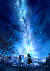 Rule 34 | 1girl, amatsuki rei, blue sky, blue theme, city, city lights, cloud, commentary request, highres, long hair, milky way, mountainous horizon, night, original, painting (action), painting (object), plant, scenery, shooting star, short sleeves, sky, solo, space, star (sky), star (symbol), starry sky