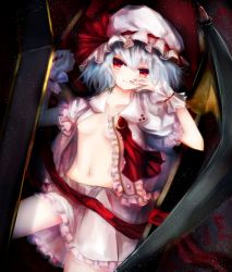 Rule 34 | 1girl, ascot, bad id, bad pixiv id, basilis9, bat wings, blue hair, breasts, brooch, collarbone, hand to head, hat, hat ribbon, highres, jewelry, looking at viewer, mob cap, nail polish, navel, no bra, open clothes, open shirt, petite, red eyes, red nails, remilia scarlet, revision, ribbon, sash, shirt, silver hair, skirt, small breasts, smile, solo, touhou, wings, wrist cuffs