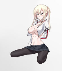Rule 34 | 10s, 1girl, arm behind back, black pantyhose, blonde hair, breasts, cleavage, female focus, full body, graf zeppelin (kancolle), grey eyes, hair between eyes, kantai collection, large breasts, md5 mismatch, miniskirt, open clothes, open shirt, pantyhose, shirt, shoujo donburi, sidelocks, sitting, skirt, solo, tsurime, twintails