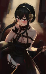 Rule 34 | 1girl, absurdres, bare shoulders, black dress, black gloves, black hair, blood, bloody weapon, blush, breasts, cleavage, collar, dress, dual wielding, fingerless gloves, floating hair, flower, from above, gloves, gold hairband, hair flower, hair ornament, hairband, hands up, highres, holding, koisuke, large breasts, long hair, looking at viewer, off-shoulder dress, off shoulder, open mouth, raised eyebrows, red eyes, reverse grip, rose, sidelocks, solo, spikes, spy x family, thighhighs, weapon, yor briar, zettai ryouiki