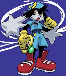 Rule 34 | 1boy, animal nose, backwards hat, baseball cap, black fur, blue background, blue hat, blue shirt, blue shorts, blush, body fur, boots, character pin, clenched hands, crop top, fang, full body, furry, furry male, gem, gloves, gold, green gemstone, hand up, hat, holding, holding jewelry, holding ring, jaggy lines, jewelry, kaze no klonoa, klonoa, light blush, long ears, looking at viewer, male focus, oekaki, open mouth, ornate ring, rabbit boy, rabbit ears, red footwear, ring, rockthebull, shirt, short sleeves, shorts, solo, standing, two-tone fur, undershirt, white fur, yellow eyes, yellow gloves, zipper pull tab