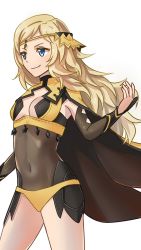 Rule 34 | 1girl, blonde hair, blue eyes, breasts, cape, center opening, circlet, cleavage, closed mouth, covered navel, fire emblem, fire emblem fates, highres, hraaat, long hair, nintendo, ophelia (fire emblem), simple background, small breasts, smile, solo, white background