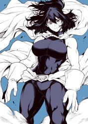 Rule 34 | 1girl, abs, bare shoulders, belt, belt buckle, black hair, blue background, bodysuit, boku no hero academia, breasts, buckle, cape, closed mouth, commentary request, determined, facing viewer, floating cape, floating hair, gloves, hair between eyes, half updo, highres, large breasts, long hair, looking at viewer, mole, mole under mouth, muscular, muscular female, serious, shimura nana, short hair, simple background, sleeveless, sleeveless bodysuit, solo, standing, takatsuki ichi, thick thighs, thighs
