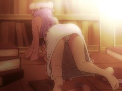 Rule 34 | 1girl, all fours, ass, bare legs, barefoot, book, bookshelf, coat, commentary request, dress, feet, from behind, hat, indoors, kneepits, long hair, long sleeves, panties, pantyshot, patchouli knowledge, purple hair, shirosato, slippers, unworn slippers, solo, touhou, underwear, upskirt, very long hair, white dress, white panties, wide sleeves