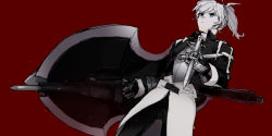 Rule 34 | 1girl, 39acid, armor, blue eyes, breastplate, cropped jacket, gauntlets, melty blood, pile bunker, red background, riesbyfe stridberg, serious, shield, short ponytail, silver hair, simple background, solo, stake, tsukihime, weapon