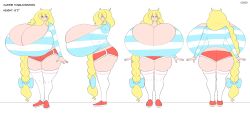 Rule 34 | 1girl, absurdres, ass, blonde hair, blue eyes, bow, braid, breasts, cassie (theycallhimcake), character name, character sheet, cleavage, curvy, english text, gigantic breasts, highres, huge ass, long hair, long sleeves, looking at viewer, original, red shorts, shirt, shoes, short shorts, shorts, sneakers, solo, speech bubble, striped clothes, striped shirt, theycallhimcake, thick thighs, thighhighs, thighs, very long hair, white background, white thighhighs, wide hips