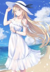 Rule 34 | 1girl, beach, blonde hair, blue eyes, closed mouth, collarbone, day, dress, hat, highres, kantai collection, long hair, mole, mole under eye, mole under mouth, monoku, ocean, outdoors, richelieu (kancolle), smile, solo, sundress, white dress, white hat, wristband