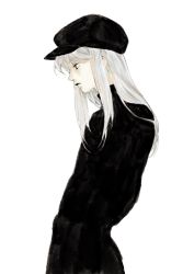Rule 34 | 1boy, androgynous, black hat, black shirt, closed mouth, hat, highres, hunter x hunter, kgeroua, kurapika, long hair, long sleeves, looking away, male focus, profile, red eyes, shirt, simple background, solo, straight hair, turtleneck, upper body, white background, white hair, wig