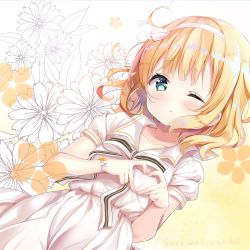 Rule 34 | 1girl, ;(, absurdres, beige background, blonde hair, blue eyes, blush, bow, closed mouth, collarbone, commentary request, dress, dutch angle, fingernails, floral background, gochuumon wa usagi desu ka?, gradient background, heart, heart hands, highres, kirima syaro, light frown, looking at viewer, neki (wakiko), puffy short sleeves, puffy sleeves, short sleeves, solo, striped, striped bow, twitter username, white background, white bow, white dress