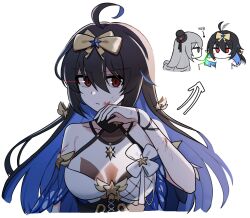 Rule 34 | 2girls, ahoge, arrow (symbol), bare shoulders, black hair, blood, blood on face, blue hair, breasts, bronya zaychik, bronya zaychik (herrscher of reason), chibi, chibi inset, closed mouth, collarbone, colored inner hair, dress, grey eyes, hand on own chin, hat, highres, honkai (series), honkai impact 3rd, korean commentary, korean text, large breasts, lix (iroiro3843), long hair, looking at another, looking at viewer, multicolored hair, multiple girls, official alternate costume, red eyes, ribbon, seele (alter ego), seele vollerei, seele vollerei (starchasm nyx), simple background, top hat, white background, yellow ribbon