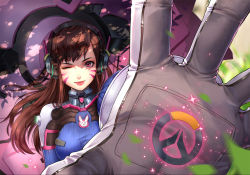 Rule 34 | 1girl, ;), animal print, bodysuit, breasts, brown eyes, brown hair, d.va (overwatch), facial mark, foreshortening, headphones, highres, long hair, looking at viewer, medium breasts, one eye closed, outstretched arm, overwatch, overwatch 1, perspective, qi kou, rabbit print, shade, shaded face, smile, solo, upper body, whisker markings