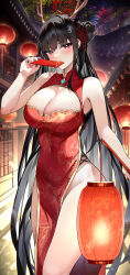 Rule 34 | 1girl, 2024, absurdres, aerial fireworks, alternate costume, architecture, bare shoulders, black hair, blue archive, blush, breasts, bright pupils, building, china dress, chinese clothes, chinese commentary, cleavage, cleavage cutout, clothing cutout, commentary request, covered navel, cowboy shot, dragon horns, dragon print, dress, east asian architecture, fireworks, flower knot, gold trim, hair bun, hair ornament, hair ribbon, hairclip, halo, highres, horns, lantern, large breasts, long hair, looking at viewer, night, outdoors, paper lantern, print dress, raised eyebrow, red dress, red eyes, red ribbon, ribbon, rio (blue archive), side slit, sijinni, single side bun, sleeveless, sleeveless dress, solo, standing, very long hair, white pupils