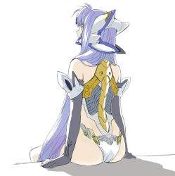 Rule 34 | 1girl, android, ass, blue hair, commentary request, gloves, indesign, kos-mos, long hair, panties, see-through, simple background, sitting, solo, underwear, very long hair, white background, xenosaga, xenosaga episode i