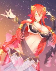 Rule 34 | 10s, 1girl, bangle, blush, bracelet, breasts, bridal gauntlets, cleavage, cowboy shot, elbow gloves, fang, fang out, fangs, female focus, gloves, hair ornament, hair tubes, hairclip, half-closed eyes, highres, jewelry, lamia, lamine, large breasts, long hair, miia&#039;s mother, monster girl, monster musume no iru nichijou, petals, pointy ears, red hair, scales, see-through, sidelocks, slit pupils, smile, solo, very long hair, yellow eyes