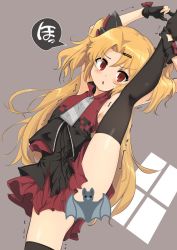 Rule 34 | 1girl, :o, akatsuki uni, arms up, bare shoulders, black dress, black gloves, black thighhighs, blonde hair, blush, censored, commentary request, dress, emoji, emoji censor, forehead, gloves, grey background, hair ornament, hairclip, highres, long hair, momio, parted bangs, parted lips, partially fingerless gloves, red eyes, red shirt, shirt, sleeveless, sleeveless shirt, solo, split, standing, standing on one leg, standing split, thighhighs, trembling, two side up, uni create, v-shaped eyebrows, very long hair, virtual youtuber