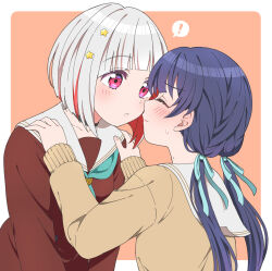 Rule 34 | !, 2girls, black choker, blue hair, blush, bob cut, border, brown cardigan, brown dress, cardigan, choker, closed eyes, closed mouth, collarbone, colored inner hair, commentary, dark blue hair, dollchestra, dress, facing another, green neckerchief, hair ornament, hands on another&#039;s shoulders, hasu no sora school uniform, highres, imminent kiss, jenny (je2live), link! like! love live!, long hair, long sleeves, looking at another, love live!, multicolored hair, multiple girls, murano sayaka, neckerchief, orange background, outside border, parted lips, pink hair, red hair, sailor collar, school uniform, short hair, sidelocks, spoken exclamation mark, star (symbol), star hair ornament, streaked hair, twintails, upper body, white border, white sailor collar, winter uniform, yugiri tsuzuri, yuri