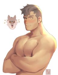 Rule 34 | 1boy, bara, blush, completely nude, crossed arms, damao (all saints street), dilukha (nyaalgebra), fang, grey hair, highres, large pectorals, male focus, muscular, muscular male, nipples, nude, pectorals, short hair, sideburns, solo, undercut, upper body, wansheng jie, white background, wolf, yellow eyes