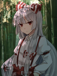 Rule 34 | 1girl, :/, arm at side, arm up, artist name, baggy pants, bamboo, bamboo forest, blunt bangs, breasts, buckle, closed mouth, collared shirt, commentary request, day, eyelashes, forest, fujiwara no mokou, hair ribbon, hand in pocket, highres, koto (shiberia39), leaf, long hair, long sleeves, looking at viewer, medium breasts, nature, ofuda, ofuda on clothes, outdoors, pants, red eyes, red pants, ribbon, serious, shirt, sidelocks, silver hair, solo, standing, suspenders, touhou, tress ribbon, two-tone bow, upper body, white shirt, wing collar