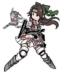 Rule 34 | &gt;:d, 2girls, black hair, brown hair, cannon, commentary request, elbow gloves, fighting stance, full body, gloves, headband, jintsuu (kancolle), kantai collection, long hair, multiple girls, one side up, pleated skirt, remodel (kantai collection), running, scarf, sendai (kancolle), simple background, skirt, solid circle eyes, terrajin, thighhighs, turret, v-shaped eyebrows, white background