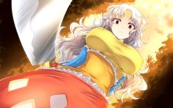 Rule 34 | 1girl, breasts, covered erect nipples, detached sleeves, dress, dutch angle, expressionless, from below, g (genesis1556), hatchet, head tilt, highres, holding, holding weapon, impossible clothes, large breasts, long hair, looking at viewer, multicolored clothes, multicolored dress, nata (tool), outdoors, red eyes, sakata nemuno, silver hair, solo, sunset, touhou, wavy hair, weapon
