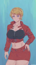 Rule 34 | 1girl, blonde hair, breasts, cleavage, closed mouth, commission, cowboy shot, cropped jacket, denim, denim skirt, hand on own hip, highres, jacket, large breasts, long sleeves, midriff, miniskirt, navel, original, purple eyes, red jacket, red skirt, short hair, skirt, smile, solo, tyrone, underbust, zipper