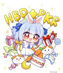 Rule 34 | 0725akaba, 1girl, :d, absurdres, animal ears, balloon, blue footwear, blue hair, blue ribbon, blush, box, cake, candy, candy wrapper, carrot, chibi, collared shirt, commentary request, controller, crescent, food, fruit, game controller, gift, gift box, hair ribbon, happy birthday, highres, hololive, lollipop, pekomon (usada pekora), official alternate costume, open mouth, pleated skirt, puffy short sleeves, puffy sleeves, rabbit ears, red eyes, ribbon, shirt, shoes, short eyebrows, short sleeves, simple background, skirt, smile, sparkle, strawberry, swirl lollipop, thick eyebrows, twitter username, two side up, usada pekora, usada pekora (casual), virtual youtuber, white background, white shirt, white skirt