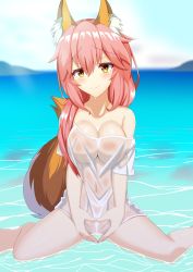 Rule 34 | 1girl, animal ear fluff, animal ears, blush, bottomless, breasts, cleavage, collarbone, commentary, commentary request, fate/grand order, fate (series), fox ears, fox girl, fox tail, heart, heart hands, iseshi, large breasts, looking at viewer, nature, navel, no bra, ocean, off-shoulder shirt, off shoulder, pink hair, see-through, shirt, sitting, solo, tail, tamamo (fate), tamamo no mae (fate/extra), tamamo no mae (swimsuit lancer) (fate), tamamo no mae (swimsuit lancer) (second ascension) (fate), wet, wet clothes, wet shirt, yellow eyes