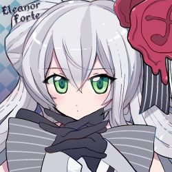 Rule 34 | 1girl, black gloves, blue background, character name, checkered background, eleanor forte, gloves, green eyes, hair ornament, interlocked fingers, lavie (bansheestrikes), long hair, looking at viewer, silver hair, solo, synthesizer v