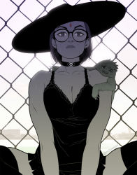 Rule 34 | 1girl, 1other, alternate costume, animal, animal on shoulder, backlighting, beast boy (dc), bespectacled, black-framed eyewear, black dress, black headwear, black thighhighs, breasts, chain-link fence, choker, cityscape, cleavage, collarbone, colored skin, commentary, dc comics, dress, english commentary, exmile, fence, forehead jewel, glasses, goth fashion, green fur, grey lips, grey skin, hat, highres, indian style, lace, lace-trimmed dress, lace trim, lips, looking at viewer, medium breasts, purple eyes, purple hair, raven (dc), short dress, short hair, sitting, skull choker, sloth (animal), smirk, solo focus, spread legs, sun hat, teen titans, thick eyebrows, thighhighs, twitter username, v arms, zettai ryouiki