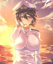 Rule 34 | 10s, 1girl, breasts, cloud, cowboy shot, female admiral (kancolle), female focus, gloves, hand in own hair, highres, kage (kagetuki00), kantai collection, large breasts, military, military uniform, naval uniform, ocean, outdoors, ponytail, sky, solo, standing, sunset, uniform, water