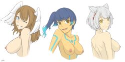 Rule 34 | 3girls, :d, absurdres, animal ears, blue hair, breasts, cat ears, enbu steel00, eunie (xenoblade), fiery hair, glowing lines, highres, looking at viewer, medium breasts, mio (xenoblade), multiple girls, nipples, open mouth, sena (xenoblade), short hair, side ponytail, sketch, smile, topless, xenoblade chronicles (series), xenoblade chronicles 3