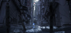 Rule 34 | 1girl, absurdres, artist name, black coat, black footwear, building, city, cityscape, coat, from behind, highres, lifeline (a384079959), long hair, mecha, original, outdoors, power lines, puddle, reflection, road, robot, rubble, scenery, sheath, sign, solo, standing, street, utility pole, white hair, wide shot