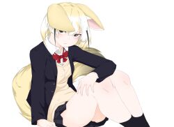 Rule 34 | 1girl, alternate costume, animal ears, black hair, black socks, blonde hair, blue jacket, blue skirt, blush, bow, bowtie, collared shirt, commentary request, ears down, extra ears, fennec (kemono friends), fox ears, fox girl, fox tail, highres, jacket, kemono friends, long sleeves, looking at viewer, multicolored hair, open clothes, open jacket, pleated skirt, plq0022, red bow, red bowtie, school uniform, shirt, short hair, sidelocks, sitting, skirt, socks, solo, sweater, tail, white hair, white shirt, yellow sweater
