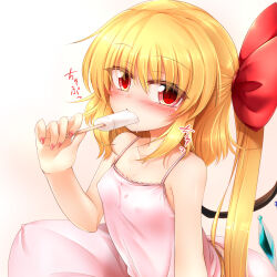 Rule 34 | 1girl, alternate costume, bare shoulders, barefoot, blonde hair, blush, bow, camisole, collarbone, crystal, eating, fang, flandre scarlet, food, gradient background, hair between eyes, hair bow, highres, holding, holding food, ice cream, long hair, looking at viewer, marukyuu ameya, multicolored wings, nail polish, no headwear, nose blush, panties, pillow, pink camisole, pink panties, red bow, red eyes, red nails, side ponytail, simple background, skin fang, solo, touhou, underwear, wings