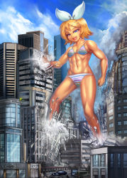 Rule 34 | 1girl, abs, bikini, blonde hair, blue eyes, bow, building, car, city, clenched hands, destruction, giant, giantess, hair bow, hair ornament, hairclip, highres, kagamine rin, kicking, looking down, motor vehicle, muscular, muscular female, navel, open mouth, outdoors, punching, short hair, skyscraper, smile, solo, striped bikini, striped clothes, summer idol (vocaloid), swept bangs, swimsuit, vocaloid, white bow, yilx