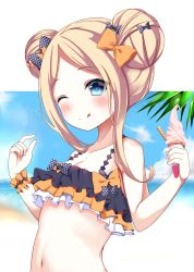 Rule 34 | 1girl, ;q, abigail williams (emerald float) (fate), abigail williams (fate), bare arms, bare shoulders, bikini, black bikini, black bow, blonde hair, blue eyes, blue sky, blush, bow, breasts, cleavage, closed mouth, cloud, collarbone, commentary request, day, double bun, emerald float, fate/grand order, fate (series), food, forehead, hair bow, highres, holding, holding food, ice cream, ice cream cone, navel, ocean, official alternate costume, one eye closed, orange bow, orange scrunchie, polka dot, polka dot bow, scrunchie, senbeimeow, sidelocks, sky, small breasts, smile, soft serve, solo, swimsuit, tongue, tongue out, upper body, wafer stick, wrist scrunchie