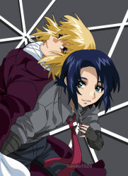 Rule 34 | 1boy, 1girl, artist name, ascot, athrun zala, back-to-back, blonde hair, blue hair, cagalli yula athha, couple, formal, fumiko (mesushi), green eyes, grey shirt, gundam, gundam seed, gundam seed freedom, jewelry, looking at another, looking to the side, necklace, pant suit, pants, red tie, ring, shirt, short hair, smile, suit, white ascot, yellow eyes