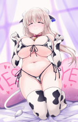 Rule 34 | 1girl, animal ears, animal print, bikini, blush, breasts, closed eyes, closed mouth, cow ears, cow horns, cow print, cow print bikini, cow tail, curtains, ear tag, elbow gloves, gloves, gluteal fold, hands up, highres, horns, kneeling, large breasts, long hair, mature female, moyuru, navel, print bikini, skindentation, solo, stomach, sweat, swimsuit, tail, thighhighs, thighs, uzaki-chan wa asobitai!, uzaki tsuki, white hair, window, yes, yes-no pillow