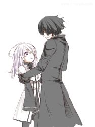 Rule 34 | 1boy, 1girl, ahoge, athray, black hair, blush, coat, couple, flat chest, height difference, long hair, long sleeves, original, purple eyes, r-sylph, simple background, trench coat, white hair, yellow eyes