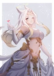 Rule 34 | 1girl, animal ears, blue eyes, breasts, cat ears, cat tail, commission, elbow gloves, facial mark, final fantasy, final fantasy xiv, gloves, halo, head chain, heart, highres, jewelry, long hair, looking at viewer, lyra-kotto, medium breasts, midriff, miqo&#039;te, navel, one eye closed, simple background, slit pupils, smile, solo, tail, twitter username, warrior of light (ff14), whisker markings, white gloves, white hair