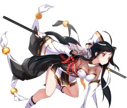 Rule 34 | 1girl, absurdres, ahoge, ara haan, ara han, armor, asura (elsword), black hair, bow, breasts, cleavage, closed mouth, cropped legs, detached sleeves, elsword, expressionless, hair bow, heterochromia, highres, holding, holding staff, large breasts, long hair, multicolored hair, official art, pauldrons, red eyes, sando (dukedevil), shoulder armor, single pauldron, skirt, solo, staff, streaked hair, transparent background, two-tone hair, white hair, yellow eyes