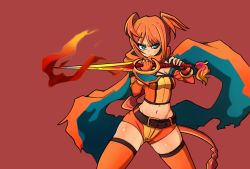 1girl belt blue_eyes borokuro cape charizard creatures_(company) elbow_gloves eyes_visible_through_hair female_focus fingerless_gloves fire game_freak gen_1_pokemon gloves highres midriff nintendo orange_hair orange_thighhighs personification pokemon shorts solo sword thighhighs weapon